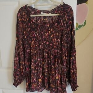 Sunny Leigh SzLg Multicolor Women's Blouse elastic ribbed to ruffle waist neck
